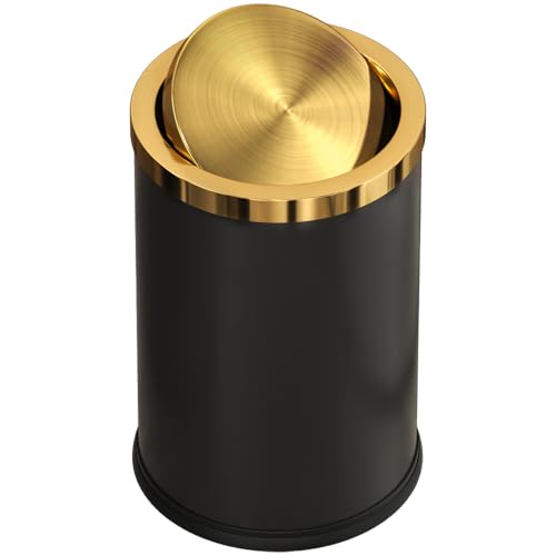 Image of 9L /2.4GAL Black and Gold Bathroom Trash Can, Small Trash Can with FILP Lid for Bathroom,Hotel,Office,Lundry,Powder Room (BLACK)