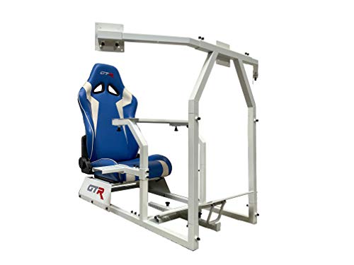 GTR Simulator GTAF-WHT-S105LBLWHT - GTA-F Model (White) Triple or Single Monitor Stand with Blue/White Adjustable Leatherette Seat, Racing Simulator Cockpit Gaming Chair Single Monitor Stand