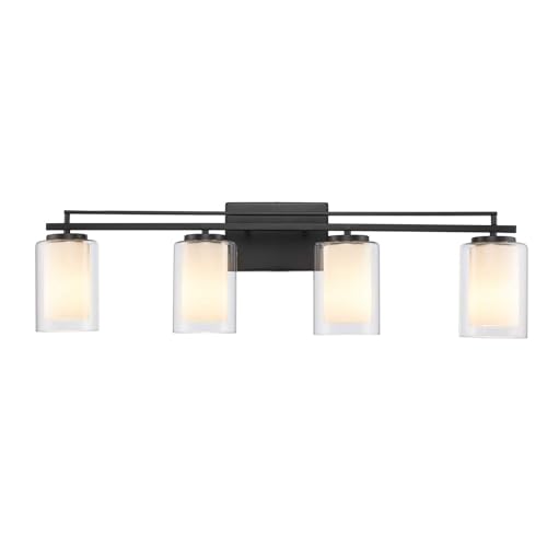 Image of TRANS GLOBE 22484 BK I Lisbon Collection 32 Inch Four-Light Bathroom Vanity - in a Black Finish | Metal Housing I Clear & Frosted Shades I Modern Contemporary Light Fixture |