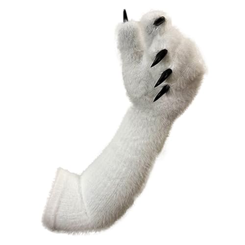 SCLMRO Fursuit Costume Paw Gloves Long Arm Plush Faux Fur White and Black with Claws Unisex (White - Black Nails General size)