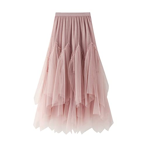 Jupe en tulle femme longue asymétrique rose beige taille haute élastique mode été