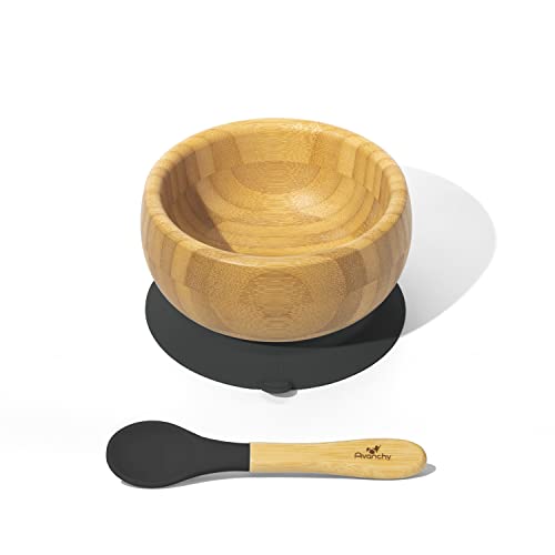 Image of Avanchy Bamboo Baby Bowl with Spoon and Removable Silicone Suction Base – Non-Toxic, BPA-Free Feeding Bowl for Babies and Toddlers – Natural Bamboo Suction Bowl, Black