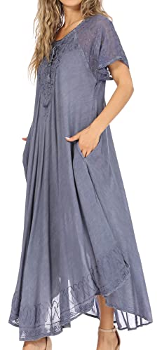 Image of Sakkas Egan Long Embroidered Caftan Dress /Cover Up with Embroidered Cap Sleeves