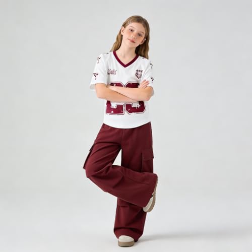 Image of Tween Girls Clothes Short Sleeve Graphic T-Shirt Top + Cargo Pants 2pcs Outfit Set, Size 7-15Years