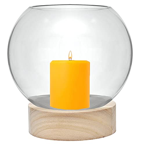 Cys Excel Glass Terrarium Candle Holder Bubble Bowl With Wood Base (H:8" W:6.5") | Unique Fish Bowl Aquarium With Wooden Stand | Plant Bubble Dome | Candy Bowl Storage Container #TOP6