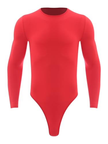 IEFIEL Maillot de Gimnasia para Hombre Camiseta de Manga Larga Elástica de Color Sólido con Cuello Redondo Body de Deportivo Informal L-XL Rojo L