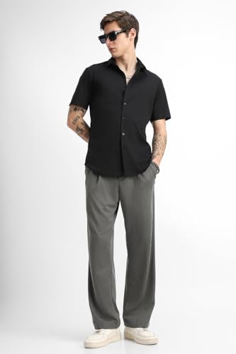 Image of SNITCH Men Casual Trousers | Loose Fit Pleated Front Plain Wide-Leg Style | Lightweight Polyester Blend Medium-Stretch Fabric for Summer & All-Day Comfort Wear