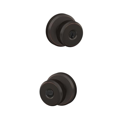 Image of SCHLAGE F51A BWE 716 GSN 619 Bowery Knob with Greyson Trim Keyed Entry Lock, Aged Bronze with Satin Nickel Interior