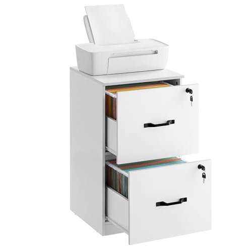 VASAGLE File Cabinet Filing Cabinet for Home Office Printer Stand with 2 Lockable Drawers Adjustable Hanging Rails for A4 and Letter-Size Files Cloud White OFC061W14