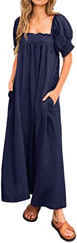 KIRUNDO Women 2026 Summer Maxi Dress Casual Loose Puff Sleeve Square Neck Maternity Flowy Long Beach Dresses with Pockets