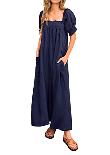 KIRUNDO Women 2025 Summer Maxi Dress Casual Loose Puff Sleeve Square Neck Maternity Flowy Long Beach Dresses with Pockets