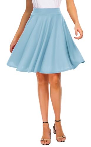Image of EXCHIC Women's Casual Stretchy Flared Mini Skater Skirt Basic A-Line Pleated Midi Skirt