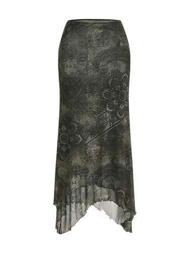 Women's Floral Print Lettuce Trim Fishtail Hem Midi Skirt