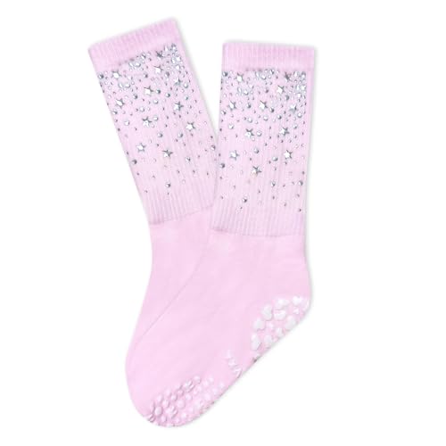COARVXA 1 Pair Cute Pilates Grip Socks for Women Bling Glitter Rhinestone Crew Non Slip Grip Socks for Yoga Barre Barefoot