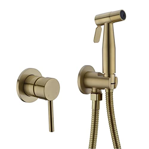 トイレ用ビデスプレー、真鍮製ハンドヘルドビデスプレー、ベビーウォッシュ、女性用ウォッシュ用ホース付き温水・冷水おむつスプレー(Gold)