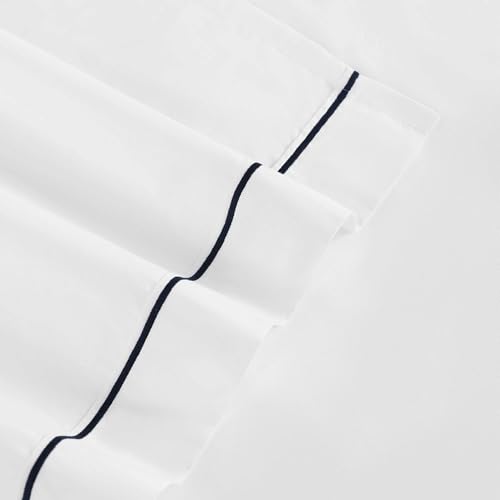 Image of Tommy Hilfiger - Sheet Set, Cotton Percale Bedding with Matching Pillowcases, Crisp & Cool, Solid Design with Hem Stripe (White /Navy, Full)