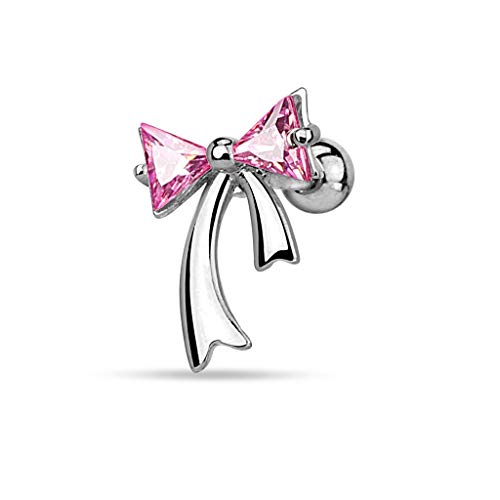Pierced Owl 16GA Stainless Steel CZ Crystal Bow Ribbon Cartilage Tragus Barbell (Pink)