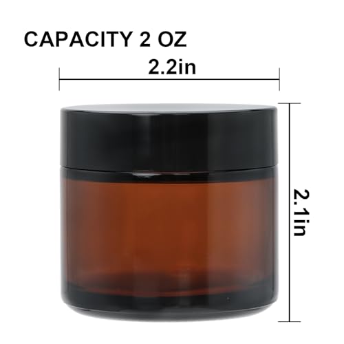 2oz Small Travel Containers with Black Lids,6 Pack Amber Glass Jars with Mini Disposable Spatula for Toiletries，Travel Storage，Makeup Beauty Products, Lotions, Powders and Ointments2