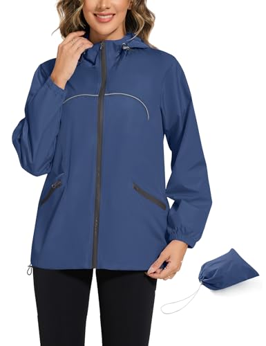 Rapbin Leichte Damen Regenjacke mit Reflektorstreifen–Wasserdicht & Packbar Outdoorjacke für Radfahren, Laufen und Wandern（Marineblau，L）