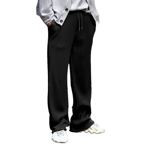 Hawyet Casual Pants for Men Solid Color Straight Leg Sweatpants Drapey Striped Drawstring Elastic Waist Loose Fit Trousers