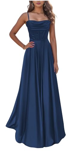 KURFACE Satin-Abschlussballkleid für Teenager, Wasserfallkragen, A-Linie, Spaghettiträger, lang, formelles Ballkleid für Damen, marineblau, 34