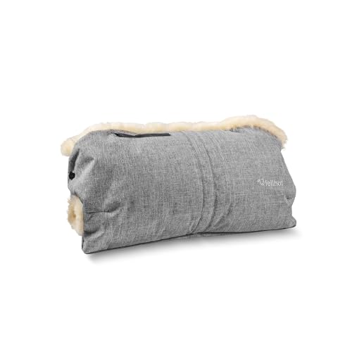 Fellhof Kinderwagen Handwärmer, 100% Merino-Lammfell, wind- u. wasserabweisend, reflektierende Streifen, OEKO-TEX zertifiziert, Universalgröße für alle Kinderwagen (Black-melange)