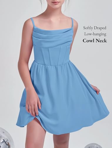 EXARUS Girls Formal Dress Homecoming Dance Teen Graduation Ruched Party Spaghetti Strap A-line Ruffle Dresses2