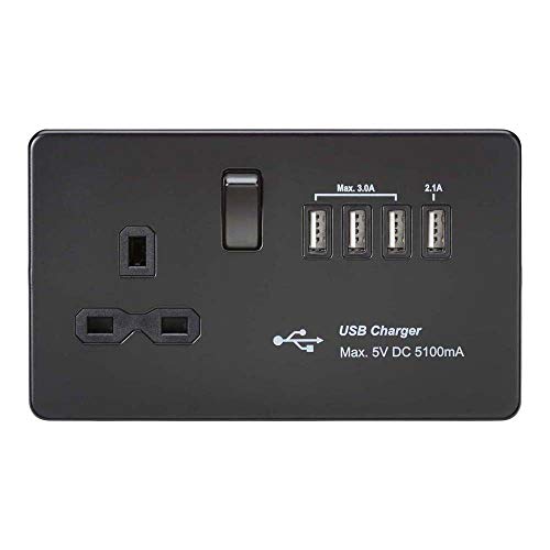 Knightsbridge SFR7USB4 mBB Screwless Switched Socket with 5.1 A Quad USB Charger, Matt Black, 13 A, Black / Black, Socket