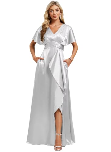Image of Elegant Satin Bridesmaid Dress with Sleeves Ruffles High Silt Formal Dresses Long for Women Fall DIN022