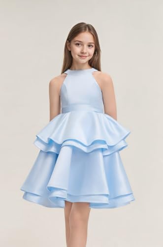 O Neck Flower Girl Dresses Tiered Satin Pageant Dresses for Girls Short Formal Party Dress3