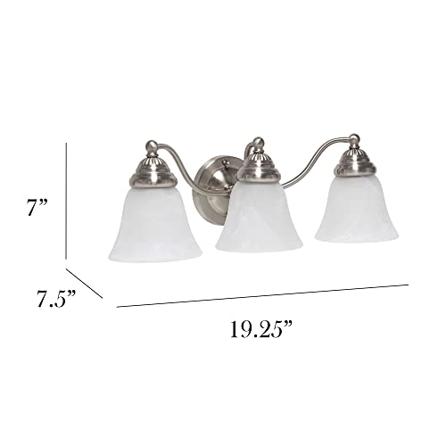 Image of Simple Designs VT1023-BSN 19.25 inch Classic 3 Light Winding Metal and Frosted Marble White Bell Shape Glass Shades Decorative Wall Mounted Vanity Fixture For Bathroom, Entryway, Hallway, Brushed Nickel
