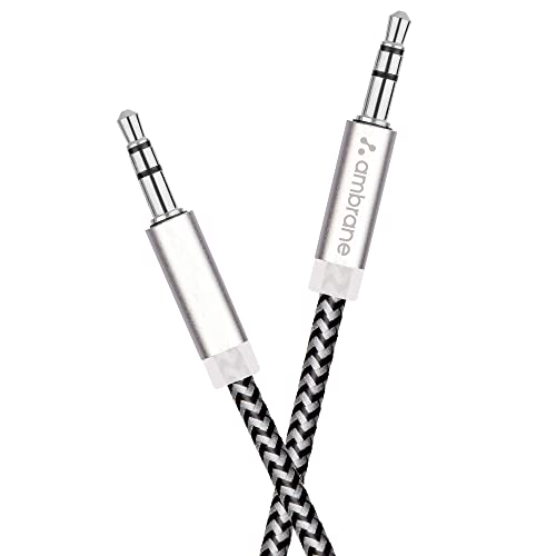 A Ambrane Unbreakable 3.5mm Male to Male AUX Stereo Audio Cable for Smartphone, 1.5 Meter (5 Feet) - (ABCAX-10, Black & Grey)