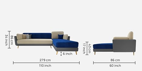 Image of Black Wood Modern Velvet LHS Sectional Sofa (3 + Lounger) with Extra Luxury Comfort for Bedroom, Living Room, Dining Room, Drawing Room, Home Office in Bug Resistant Wood Structure