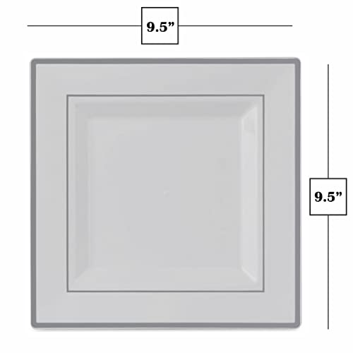 Bloomingoods Plastic Disposable Square Dinner Plates | 50-Pack 9.5 Inches White With Silver Rim Square Plates | Ideal For Weddings, Parties, & Catering | Heavy Duty & Non Toxic #TOP2