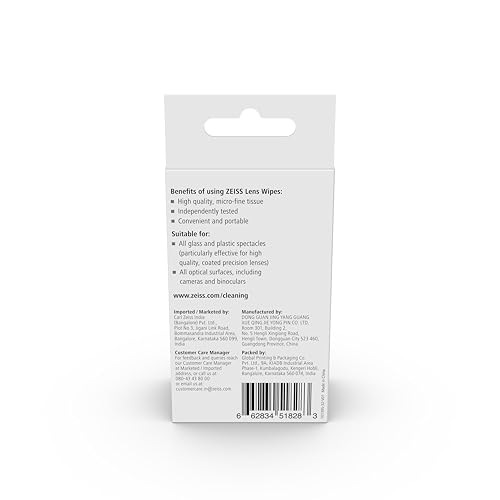 ZEISS Lens Wipes 20 Count- 70% Alcohol| Lens Cleaner - Perfect for Spectacles, Eyeglasses, Sunglasses, Camera Lenses, Binoculars and all other lenses