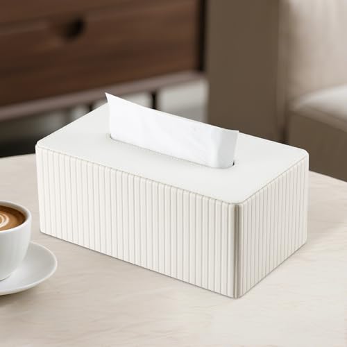 KINGFOM Kosmetiktücherbox Taschentuchbox, Rechteckige Tissue Box Tücherbox für Wohnzimmer, Badezimmer & Büro – Dekorative Taschentücher Box Taschentuchspender aus PU Leder (Weiß, Rechteckige)