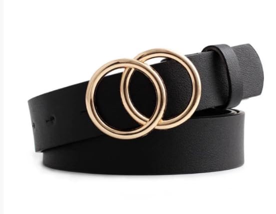 Black Womens Belt with a Double-Ring Gold Buckle and Durable Faux Leather Design Offering an Adjustable Comfortable Fit for Dresses Jeans and High-Waist Outfits with a Chic Modern Touch (Black)