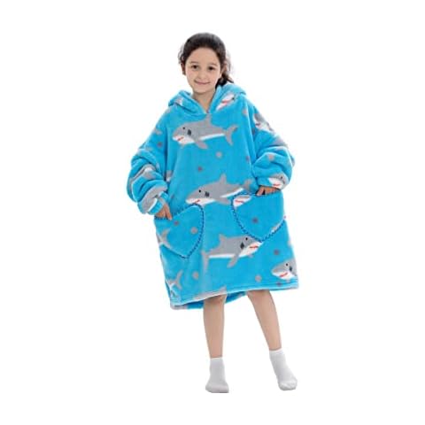 Kids Oversized Blanket Hoodie, Hooded Blanket Kids for Girls Boys, Shu Velveteen Hoodie Blanket with Pocket for Children Teen,Shark Cover