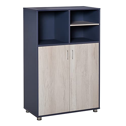 HOMCOM Aparador Estantería Librería de Almacenaje con 3 Compartimentos y Armario de 2 Puertas para Libros Plantas CDs Salón Oficina Dormitorio 80x40x120 cm Azul y Madera