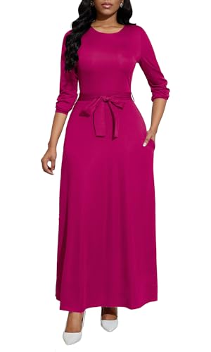 Image of BubFee Long Dress for Women Casual Long Sleeve Dresses Maxi Dress Empire Waist Loose with Belt