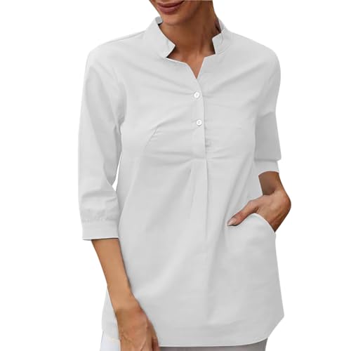 Générique Chemise Femme Manches 3/4 Col Montant, Haut Léger en Mélange Coton-Lin Unie, Blouse Enfilade Décontractée