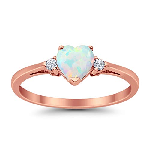 925 Sterling Silver Promise Ring Rose Tone Rhodium PL Heart Shape Lab Created White Opal Round Clear CZ Accent, Size-8