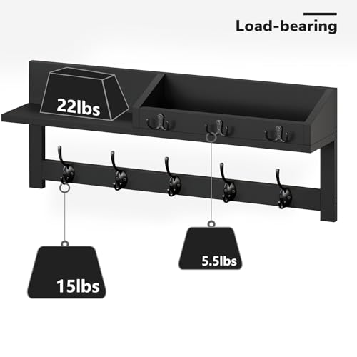 Image of AMBIRD Wall Hooks with Shelf, 26.57 Inch Entryway Wood Coat Hooks for Wall, Coat Rack Wall Mount Rack with 5 Dual Hooks 3 Key Hooks Mail Organizer and Key Rack Key Holder (Black)