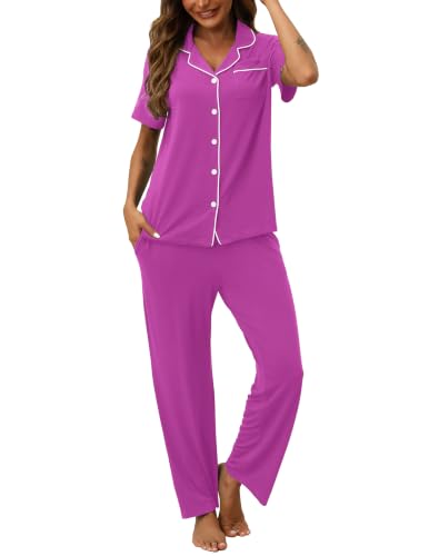 Image of HNG Women Pajamas Set 2 Piece Button Up Pajamas Pant and Short Sleeve Shirt for Woman Pj Sets with Pocket
