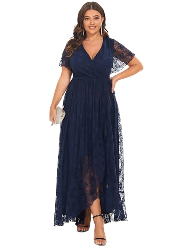 Ever-Pretty Women's V Neck Ruffles Sleeves High Low Lace Plus Size Summer Cocktail Party Wedding Guest Dresses 01489-DAPH