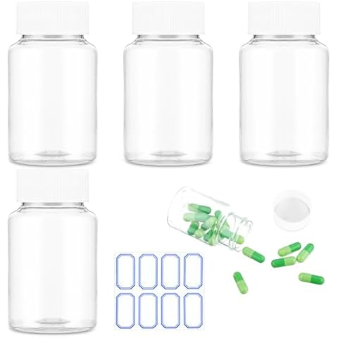 WLLHYF 4Pcs Clear Pill Bottle, 150ml Empty Clear Plastic Pill Bottles Medicine Bottle Empty Reagent Bottle Chemical Containers with Caps for Liquid Solid Powder Cover