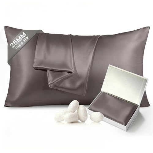 Image of THXSILK 100% Mulberry Silk Pillow Case, 25 Momme Silk Pillowcase for Hair and Skin, Hypoallergenic Soft Breathable Pillow Cover with Hidden Zipper, 1pc, (Dark Gray, Standard 20 inchx26 inch)