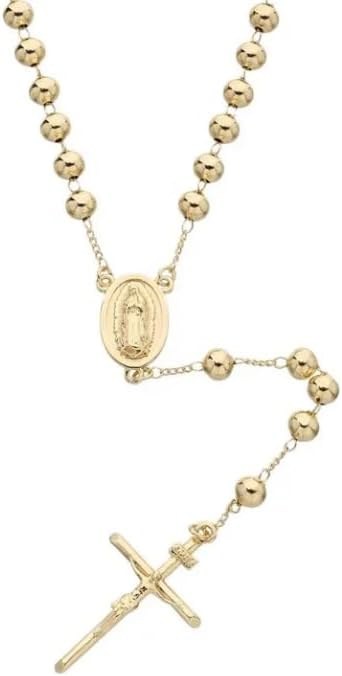 Catholic Rosary Pray Beads Necklace with Virgin Mary Medallion Cross Crucifix 14k Gold Plated Rosaries For Men and Women Communion Rosary Chain Rosarios Catolicos Medalla de Virgen de Guadalupe Oro Laminado