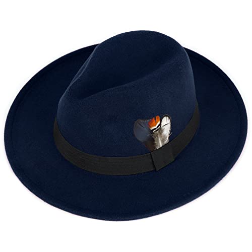 FADACHY Classic Fedora Hat for Men & Women Wide Brim Felt Hat Panama Dress Hat Navy Blue Fedora - Thumbnail 5