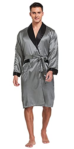 Image of TONY AND CANDICE Men's Satin Robe Lightweight Long Sleeve Silk Kimono Bathrobe with Shorts Set Sleepwear